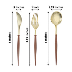 24-Pack Plastic Flatware Set in Metallic Gold with Brown Handle - Heavy Duty Disposable Modern Silverware 8"