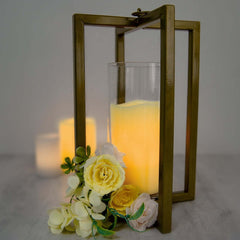 Lantern Candle Holder Gold Metal Geometric Cross Bar Design - Suitable for Modern Home and Event Centerpieces 11"