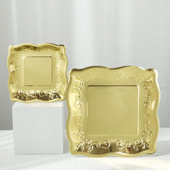 25-Pack Paper 11" Square Dinner Plates in Gold with Vintage Pottery Embossed Design - Shiny Metallic Disposable Serving Plates for Glamorous Dinners & Events