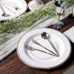 25-Pack Disposable Round Charger Plates in White Sunray Design with Gold Rim - 350GSM Heavy Duty Paper Chargers for Chic Table Settings 13"