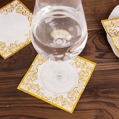 20-Pack Paper Beverage Napkins with Gold Foil Lace Design White - 3 Ply Disposable 18GSM European Style Cocktail Napkins 5"x5"