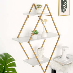 31" Geometric Diamond Shaped 3-Tier Gold Metal Dessert Cupcake Stand Rack, Wall Hanging Display Shelf Display, Book Shelf With White Wood Panels