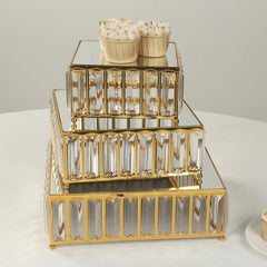 Set of 3 Gold Metal Crystal Pendant Cake Stands with Mirror Top, Stackable Square Dessert Display Trays - 7",10",12"