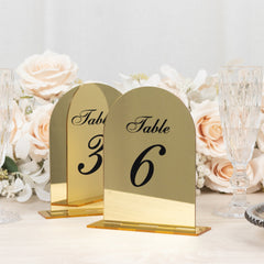 Gold Mirror Arch Acrylic Table Numbers (1-10) - 6"x7" Wedding Reception Signs with Black Print & Stands
