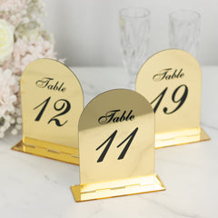 Gold Mirror Arch Acrylic Table Numbers (11-20) - 6"x7" Wedding Reception Signs with Black Print & Stands