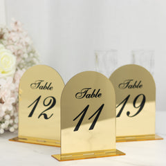 Gold Mirror Arch Acrylic Table Numbers (11-20) - 6"x7" Wedding Reception Signs with Black Print & Stands