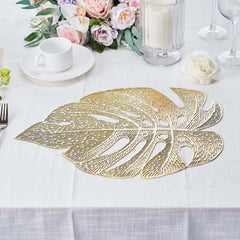 6-Pack Dining Table Mats Monstera Leaf Design Gold - Vinyl Non-Slip Surface for Tropical Themes 18"