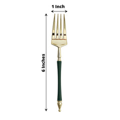 24 Pack 6" Gold Hunter Emerald Green Plastic Dessert Forks With Roman Column Handle, European Style Disposable Utensils