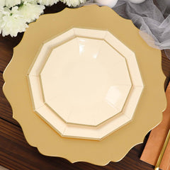 25-Pack Paper 7" Decagon Appetizer Plates in Beige with Gold Foil Rim