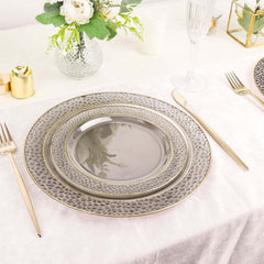 10-Pack Plastic 7.5" Round Appetizer Plates in Opaque Black Hammered Design with Gold Rim - Disposable Salad Plates for Chic Banquets & Special Occasions