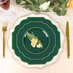 10 Pack 8" Hunter Emerald Green Hard Plastic Dessert Appetizer Plates, Disposable Tableware, Baroque Heavy Duty Salad Plates with Gold Rim