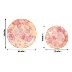 50-Pack Paper Round Dessert and Dinner Plates in Dusty Rose Spring Floral Print with Gold Rim - Heavy Duty Disposable Party Plates Set for Classy Table Decor 7", 9"