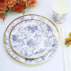25-Pack Paper 7" Round Dessert Plates in White with Light Blue French Toile Pattern & Gold Rim - Disposable Salad Appetizer Plates for Luncheons & Garden Themes