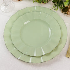 10-Pack Plastic 9" Round Dinner Plates in Sage Green Ruffled Rim with Gold Edging - Sturdy Disposable Dinnerware