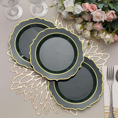 10-Pack Plastic 8" Round Desert Plates in Hunter Emerald Green with Gold Scalloped Rim - Disposable Appetizer/Salad Plates