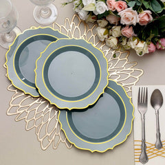 10-Pack Plastic 8" Round Desert Plates in Dusty Blue with Gold Scalloped Rim - Disposable Appetizer/Salad Plates