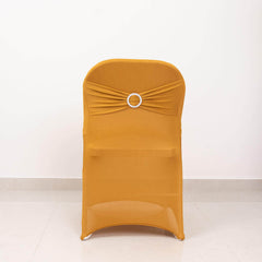 Stretch Spandex Chair Cover Gold for Folding Chairs - Enhanced Style & Secure Fit Slipcover with Stunning Silver Rhinestone Buckled Sash Band