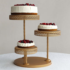 3-Tier Dessert Stand Hollow Lace Round Design Gold - Cupcake Tower and Tiered Cake Display Metal 21"