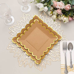 25-Pack Paper 7" Square Dessert Plates in Natural Brown with Gold Scalloped Rim - Disposable Salad Appetizer Party Plates for Stylish Outdoor Events & Boho Celebrations
