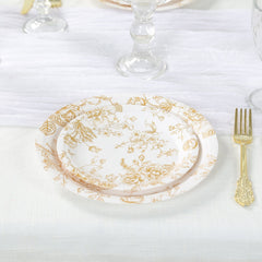25-Pack Paper 7" Round Dessert Plates in White with Gold French Toile Pattern - Disposable Floral Salad Appetizer Plates for Chic Event Decor