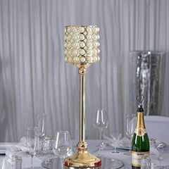 Set of 3 Votive Candle Holders White Pearl Beaded - Gold Sophisticated Small Pillar Stands 12", 14", 16"