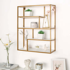 4-Tier Dessert Cupcake Stand Metal Gold with White Wood Panels - Wall Shelf & Book Display Rack 22"