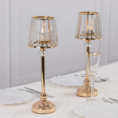 2-Pack 15" Crystal Pendant Candle Holders - Classic Empire Lamp Shade Style in Gold, Votive Candle Stand For Table Centerpieces