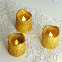 12-Pack LED Votive Candles Glittered Gold Design - Reusable Flameless Battery Operated Lights