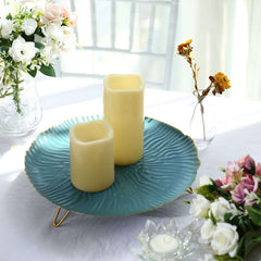 Metal Round Serving Tray 12" in Dusty Blue Floral Pattern with Gold Wavy Rim, Pedestal Dessert Display with Hairpin Legs