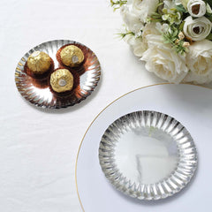 50-Pack Paper 5" Round Dessert Plates in Metallic Silver with Scalloped Rim - Disposable 250GSM Appetizer Party Plates