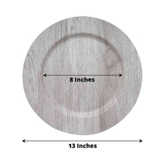 6-Pack Plastic Round Charger Plates 13" in Gray with Faux Wood Finish, Rustic Boho Chic Dinner Party Charger Tableware