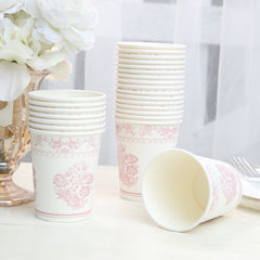 24 Pack Disposable Paper Cups in White Pink French Toile Pattern, Elegant Party Cups - 9oz