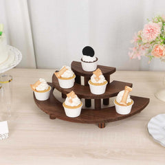 Set of 3 Wooden Dessert Pedestals Rustic Brown 3-Tier Semicircle Design - Half Moon Cupcake Display Risers 7", 13", 18"