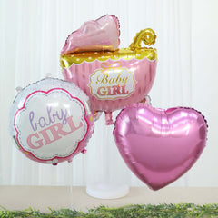 Set of 5 Pink White Girl Baby Shower Mylar Foil Balloon Set, Heart, Round and Baby Carriage Balloon Bouquet With Ribbon, Gender Reveal Party Decorations