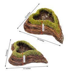Set of 2 Heart Shaped Planter Boxes Preserved Moss Twigs Green - Flower Basket Centerpieces 14", 11"