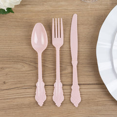 72 Pcs Plastic Silverware Set in Baroque Style Blush - Heavy Duty Disposable Knife, Fork, and Spoon Set