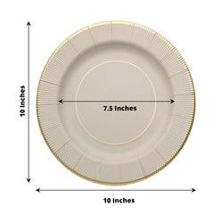 25-Pack Paper 10" Round Dinner Plates in Taupe Sunray Design with Gold Rim - Disposable Heavy Duty 350GSM Party Plates