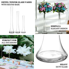 6-Pack Glass Eiffel Tower Vases Clear with Round Base - Tall Skinny Flower Bud Wedding Centerpieces 24"