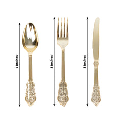 24 Pcs Plastic Silverware Set in Baroque Style Metallic Gold - Heavy Duty Disposable Knife, Fork, and Spoon Set