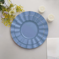 10-Pack Plastic 9" Round Dinner Plates in Ocean Blue Ruffled Rim with Gold Edging - Sturdy Disposable Dinnerware