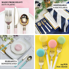 24-Pack Plastic Forks Gold with Light Blue Handles - Durable Food Safe Disposable Silverware for Lunch Buffets & Catering Services 7"