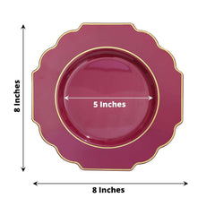 10-Pack Plastic Dessert Appetizer Plates in Burgundy Baroque Design with Scalloped Gold Rim - Heavy Duty Disposable Salad Plates 8"