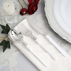 25-Pack Plastic Forks Light Silver Heavy Duty with White Handles - Reliable Disposable Tableware 7"