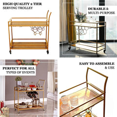 Gold Metal Bar Cart with Wooden Serving Trays 2-Tier - Wine Rack Holds 5 Bottles and 2 Glasses for Events 3ft