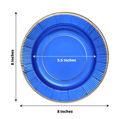 25-Pack Paper 8" Round Dessert Plates in Royal Blue Sunray Design with Gold Rim - Disposable Heavy Duty 350GSM Appetizer Salad Plates
