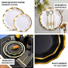 25-Pack Paper Round Dessert Plates 8" Matte White with Gold Wavy Rim - Disposable 350GSM Salad Plates for Banquets & Upscale Gatherings