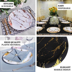 10-Pack Plastic 8" Round Dessert Plates in White with Gold Marble Print - Disposable Appetizer/Salad Plates for Chic Banquets & Special Occasions