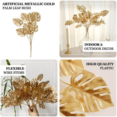 4-Pack Artificial Monstera Leaves Bushes Metallic Gold - Chic Faux Palm Leaf Decor Vase Filler for Hawaiian Jungle Tropical Themed Weddings Parties & Events 14"