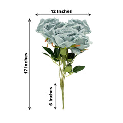 2 Bushes 17" Dusty Blue Premium Silk Jumbo Rose Flower Bouquet, High Quality Artificial Wedding Floral Arrangements