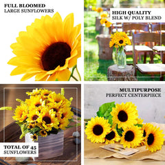 5 Bushes 45 Large Yellow Artificial Silk Blossomed Sunflowers